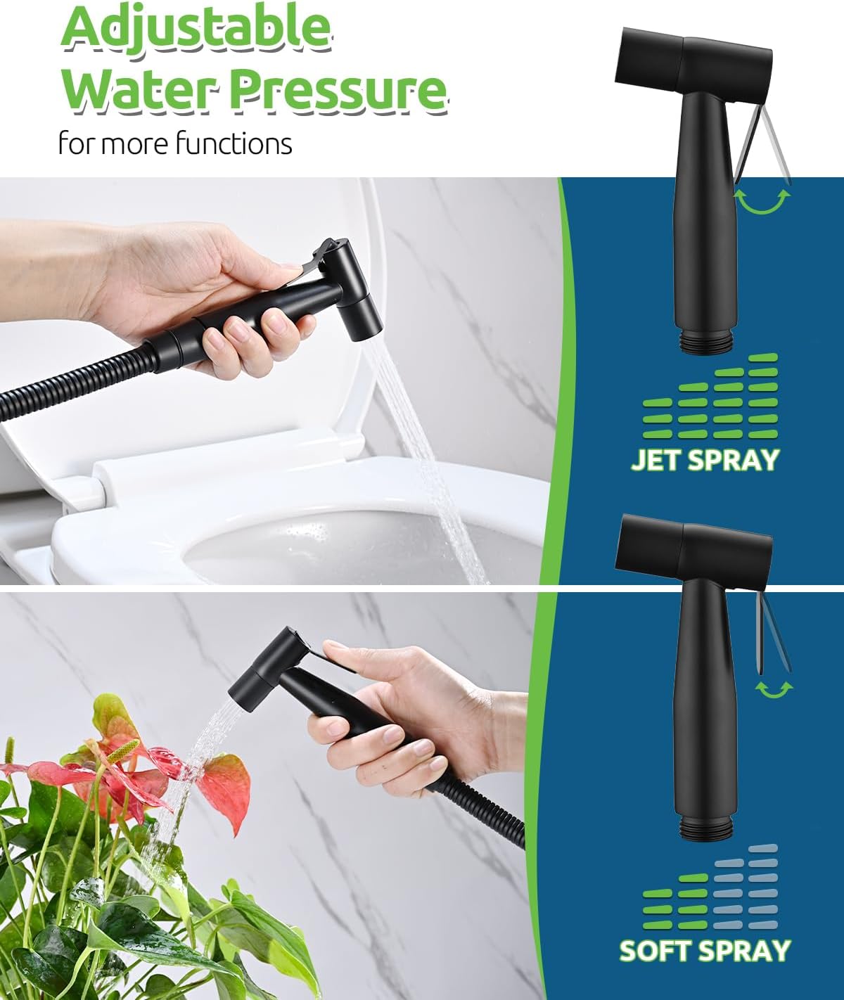 Black Bidet Sprayer for Toilet, Muslim Shower Handheld Jet Sprayer Adjustable Water Flow with Bidet Hose for Feminine Wash, Black Bidet Faucet Cloth Diaper for Baby Wash, Wall/Toilet Mount