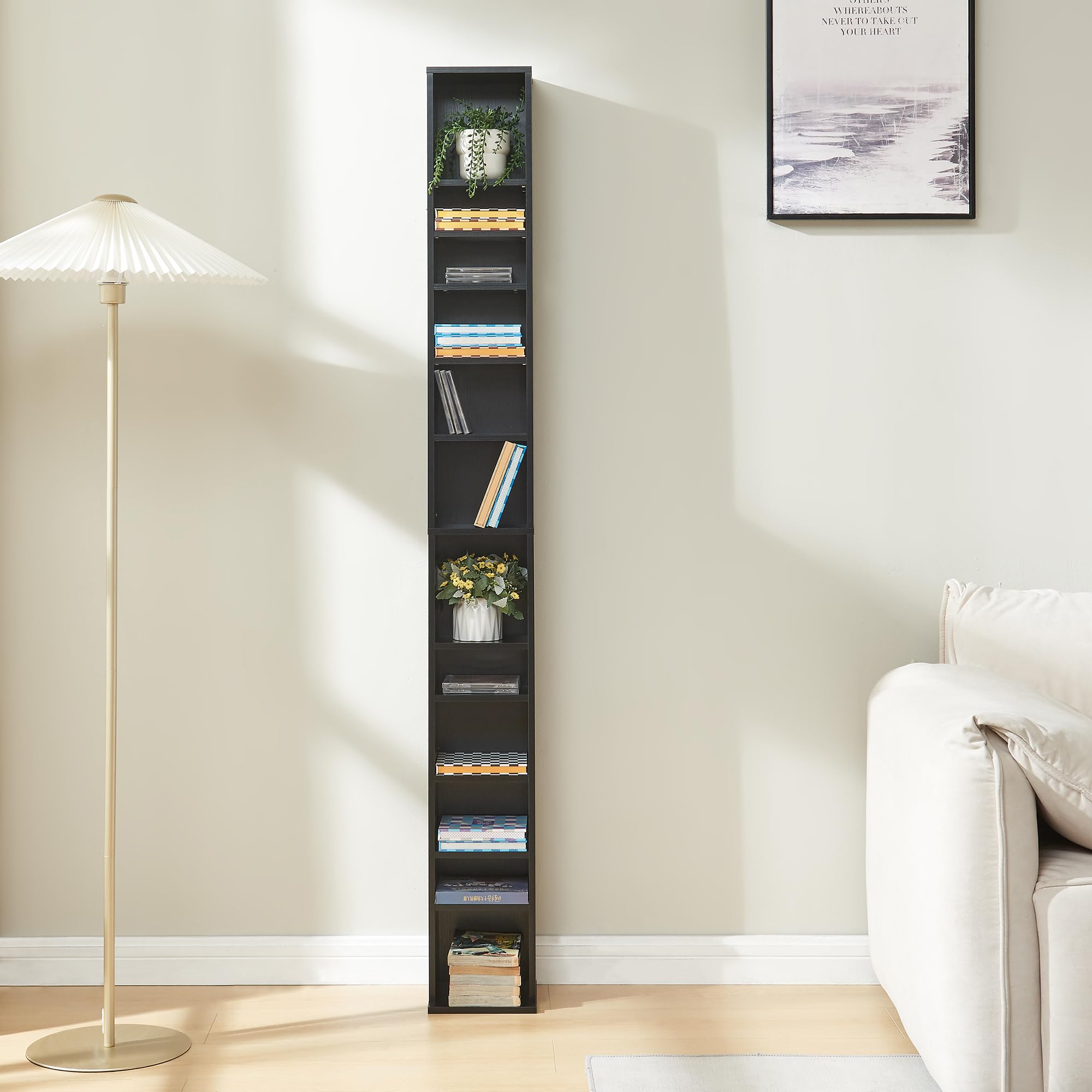 [en.casa] CD Regal Tynset DVD Regal mit 12 Ablagefächern CD Aufbewahrung 175 x 20 x 20 cm Standregal höhenverstellbare Regalböden Schwarz