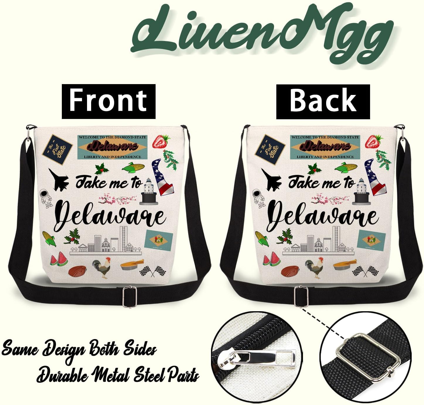 Take Me To Delaware Print Canvas Crossbody Bag, Adjustable Strap Lightweight Purse with Top Zipper & Inner Pocket, Daily Shoulder Bag Delaware Travel Gift for Women - Image 5