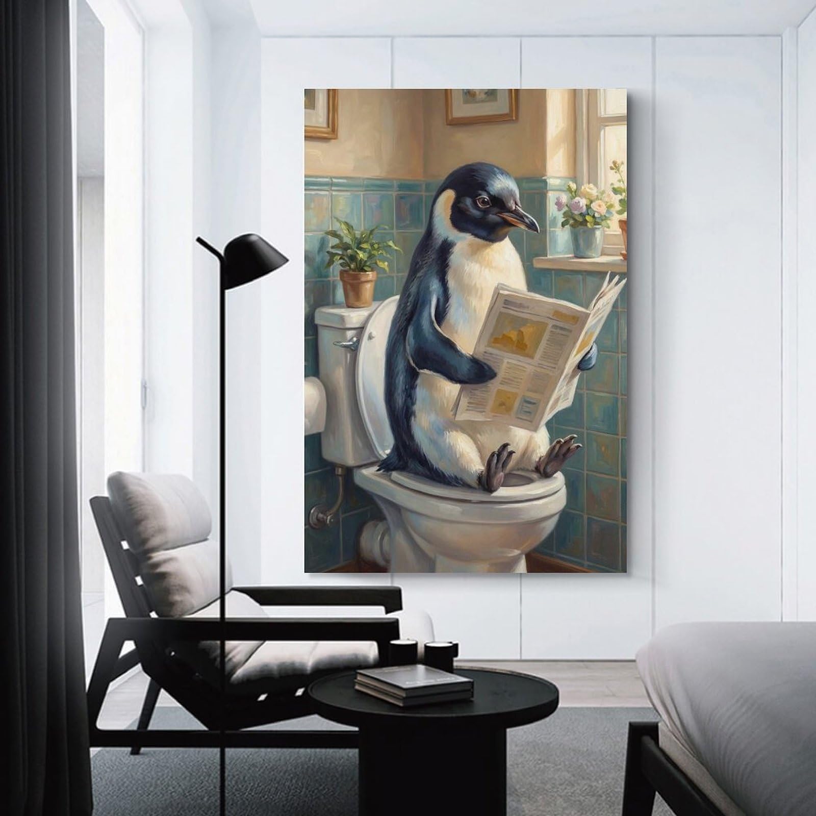 Junmoney Unframe-Style-18 Hanging Wall Art Penguin Reading Newspaper On Toilet, 24X36inch(60X90cm), For Gallery Wall Layouts In Home Or Office, An Easy Match For Collected Prints