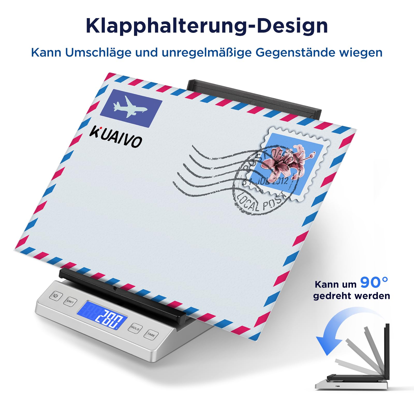 KUAIVO Briefwaage, 30kg/2g Digitale Paketwaage mit Halte & Tara Funktion, Hohe Präzision Faltbare Plattformwaage für Brief, Paket, Einsetzbar im Büro und Heimgebrauch