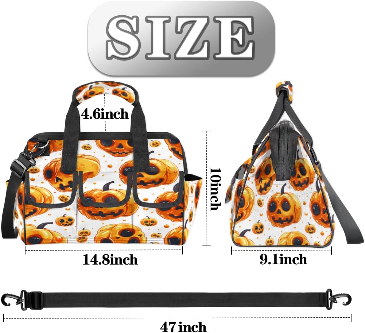 Tool Bag with Multi-Pockets Soft Handle Adjustable Shoulder Strap Happy Halloween Funny Pumpkin Portable Sturdy Waterproof Durable Wide Mouth Tote for Instrument Mechanic Carpenter