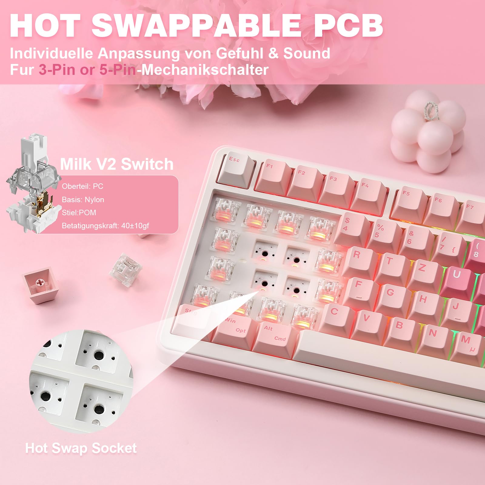 YUNZII B75 PRO ISO-DE Teclado mecánico para juegos, 75% disposición QWERTZ (DE) con botón giratorio, BT5.0/2.4GHz/USB-C, interruptor prelubricado, RGB para Win/Mac/PC (rosa, interruptor de leche)