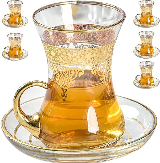 Gold Turkish Arabic Moroccan Tea Glasses Cups Set of 6