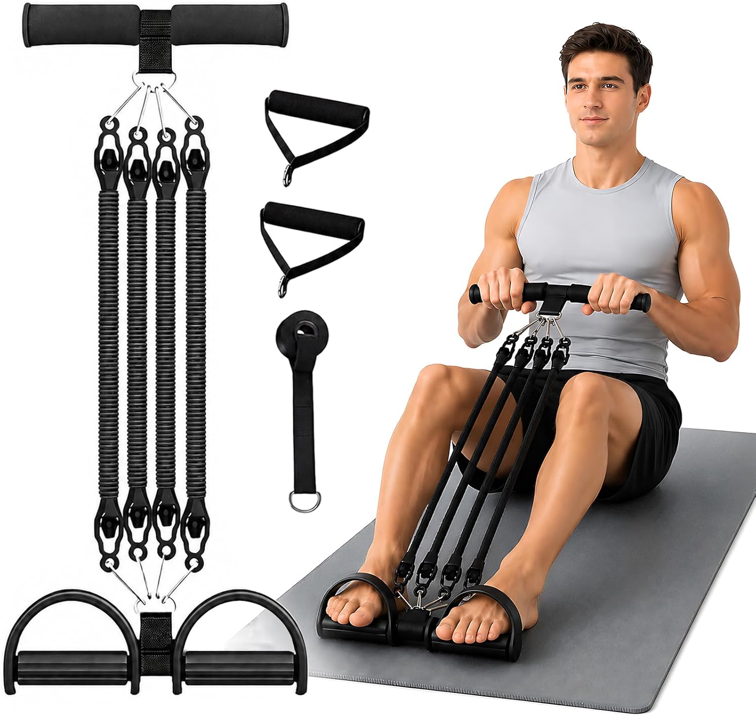 2026 Upgrade Pedal Resistance Band with Handles, Adjustable 4-Tube Detachable Foot Pedal Resistance Band, Portable Home Gym Equipment for Abs, Arms, Waist, Legs & Full Body Workout, Men Women