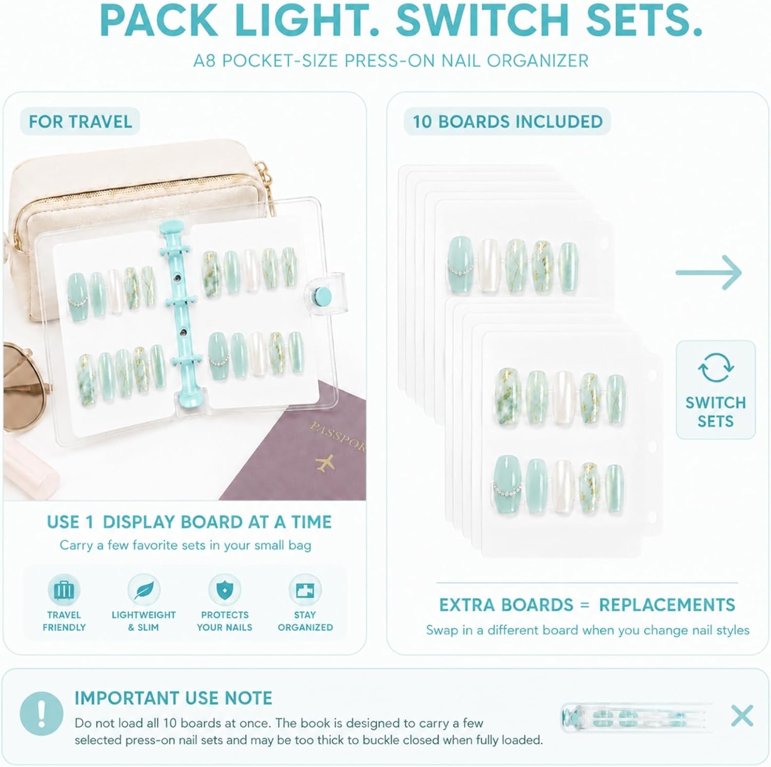 Mini Press-On Nail Storage Book for Travel, A8 Pocket-Size Portable Nail Organizer with 10 Replacement Display Boards, 35 Adhesive Strips, Clear PVC Pages, Minit Green