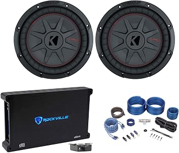 Kicker 48CWRT102 10 1600W Slim Shallow Car Subwoofers Bundle with Rockville dB14 4000 Watt Peak/1000w CEA RMS Mono 2 Ohm Amplifier Car Audio Amp & Rockville RWK41 Installation Wire Kit 3 Items