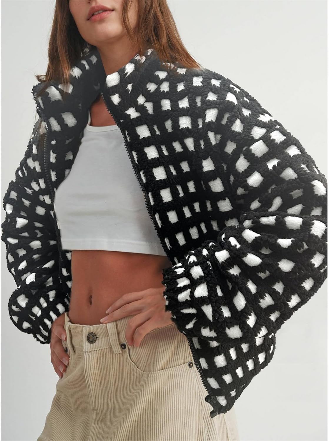 Womens Checkered Sherpa Jacket Cropped Long Sleeve Plaid Fleece Coats Casual Zip Up Gingham Outwear with Pockets - Image 3