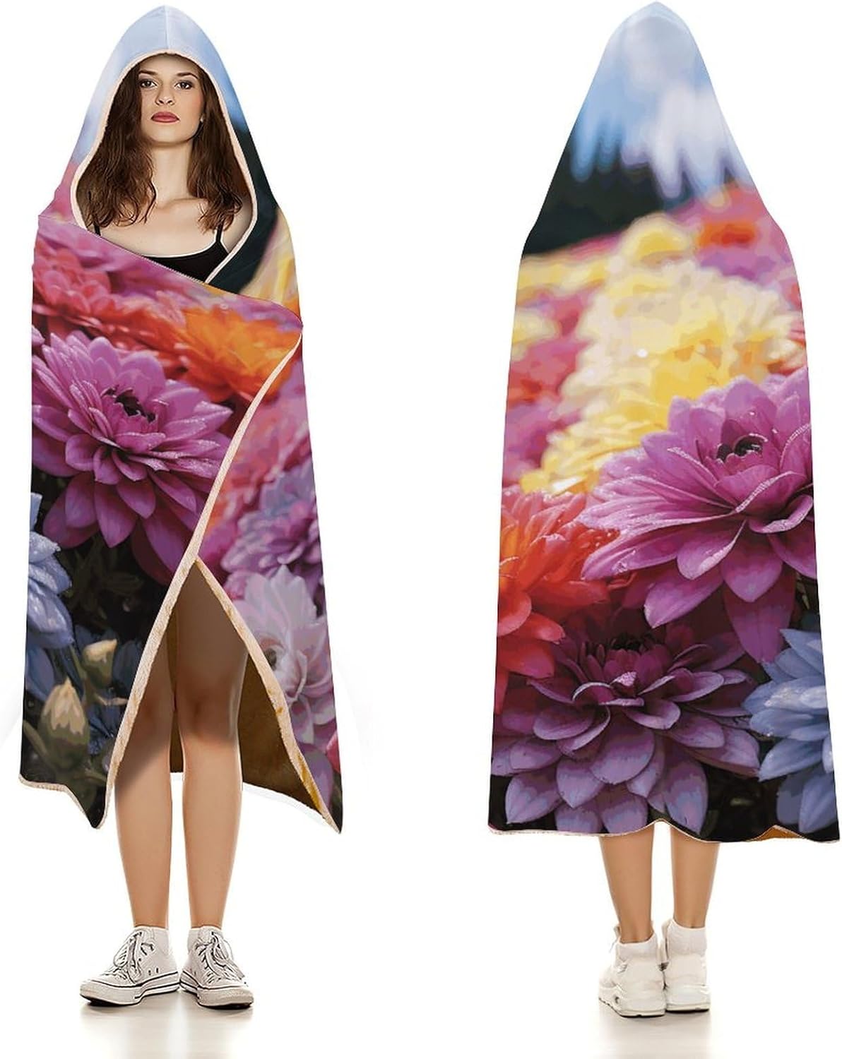 Rainbow Flower Sea Wearable Hooded Blanket, Ultra Soft Arctic Velvet Cape Cloak Unisex - Cozy Wearable Blanket