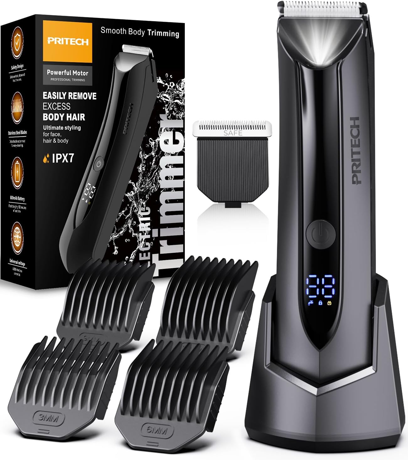 PRITECH Electric Body Hair Trimmer - Waterproof Mens Groin Hair Trimmer Ball Shaver USB Recharge Dock Body Grooming Kit with Ceramic Blade Male Hygiene Razor