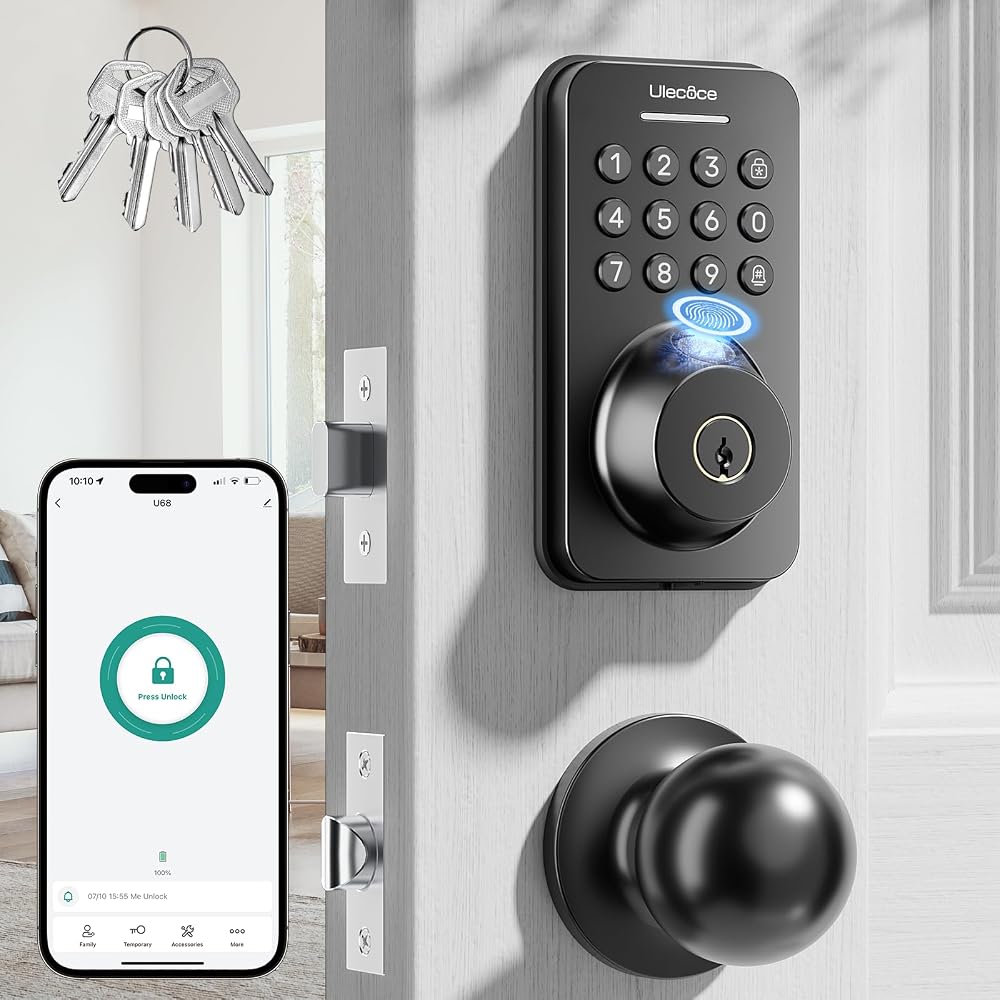 Amazon product image of Ulecoce Fingerprint Keypad Deadbolt with Knob Set, Keyless Entry Door Lock with App Control, Door Locks for Front Door, Auto Lock&One-Touch Lock, 100+ User Codes&5 Keys, Easy Installation, Matte Black