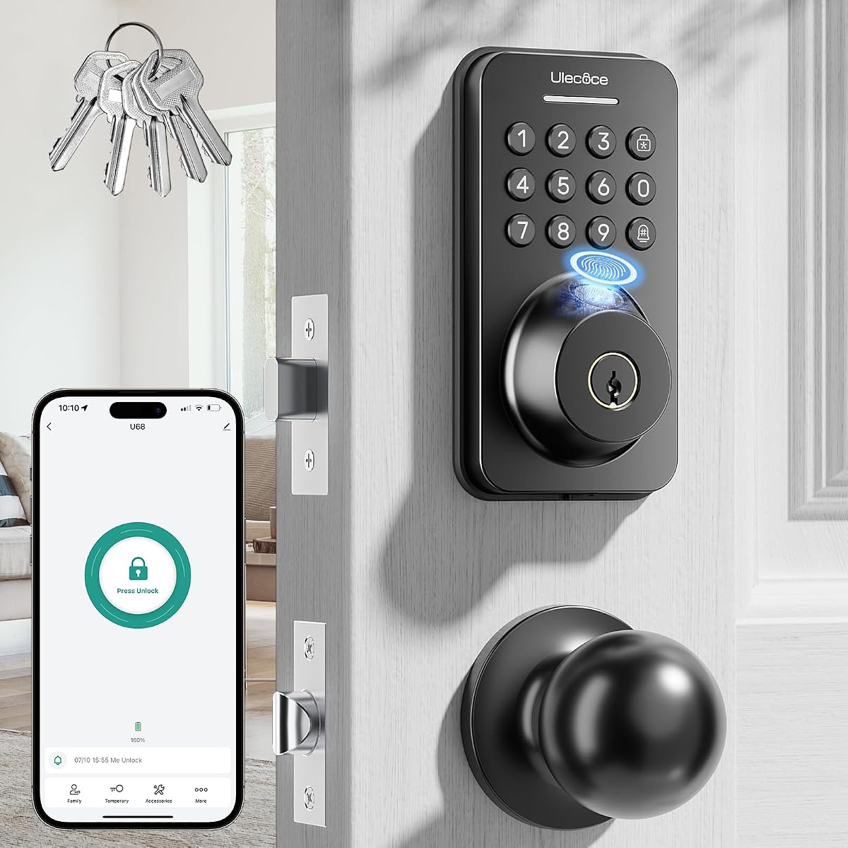 Fingerprint Keypad Deadbolt with Knob Set, Keyless Entry Door Lock with App Control, Door Locks for Front Door, Auto Lock＆One-Touch Lock, 100+ User Codes＆5 Keys, Easy Installation, Matte Black