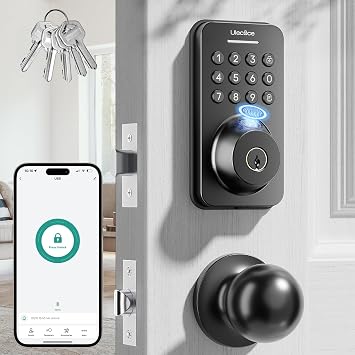 Ulecoce Fingerprint Keypad Deadbolt with Knob Set, Keyless Entry Door Lock with App Control, Door Locks for Front Door, Auto Lock&One-Touch Lock, 100+ User Codes&5 Keys, Easy Installation, Matte Black