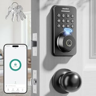 Ulecoce Cerradura de cerrojo con teclado de huellas dactilares con asa, cerradura de puerta de entrada sin llave, cerraduras de puerta para juego de cerradura de puerta delantera, control de | Keyless Entry Door Lock with App Control, Door Locks for Front Door, Auto Lock＆One-Touch Lock, Anti-Peep Codes, 5 Keys