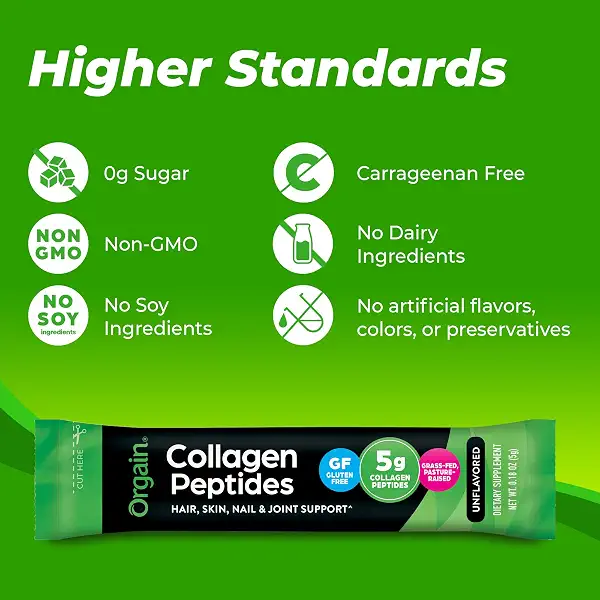 Orgain Hydrolyzed Collagen Peptides Travel Packets For Women & Men - 5g Grass Fed Collagen Per Serving, Hair, Skin, Nail & Joint Support Supplement, Non-GMO, Type I & III - Unflavored (25 Count) 5
