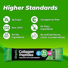 Orgain Hydrolyzed Collagen Peptides Travel Packets For Women & Men - 5g Grass Fed Collagen Per Serving, Hair, Skin, Nail & Joint Support Supplement, Non-GMO, Type I & III - Unflavored (25 Count)