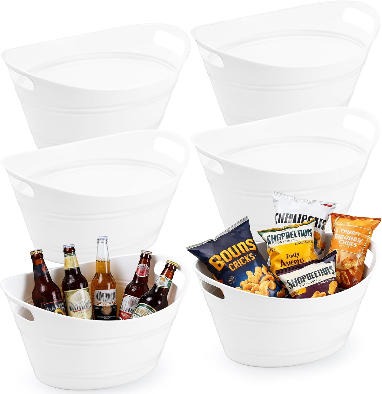 6 Pack Ice Buckets, Oval Storage Tub with Handles, Plastic Ice Drink Bucket for Parties, 4.5 Liter Beverage Storage Basket for Bar Champagne Wine Beer Beverage Bottle Cooler, White