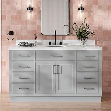 DKB Isabella 60" Grey Bathroom Vanity with Sink, 1.5" Carrara Quartz Countertop, Single Oval Undermount Sink, 2 Soft Closing Doors, 9 Dovetail Drawers