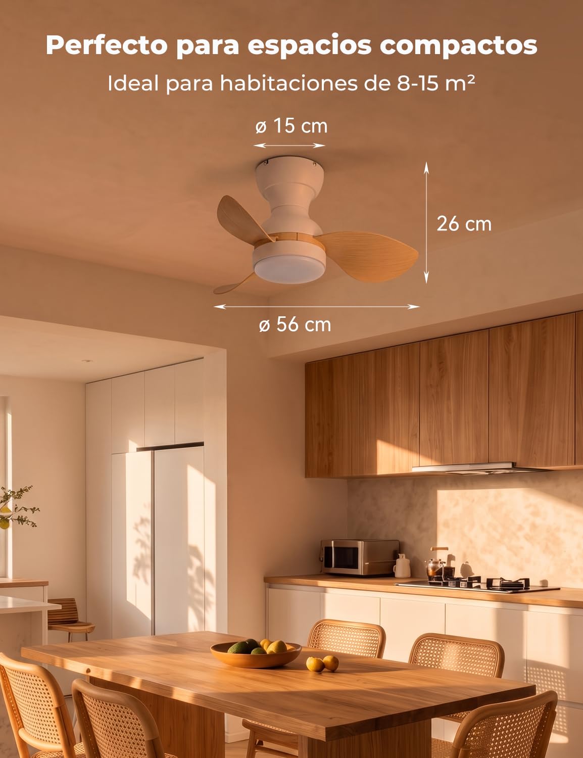 Ø56cm Mini Ventilador de Techo con Luz y Mando a Distancia, Lampara Ventilador Techo Pequeño, Reversible Modo Verano Invierno Motor DC Silencioso 6 Velocidades, Blanco + Madera