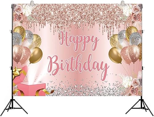 Miniatura 5 de Telón de fondo de feliz cumpleaños de oro rosa rosa con globo rosa plateado con diamante para fotografía de niñas y mujeres, suministros de fiesta