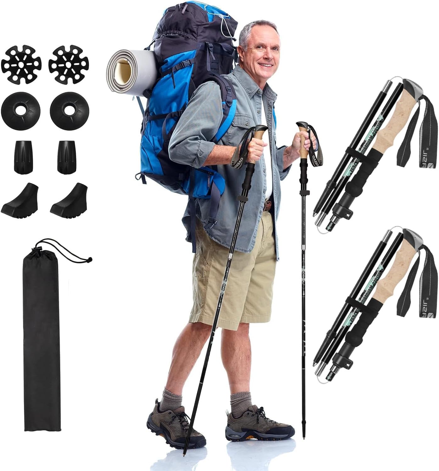 Collapsible Trekking Poles - Lightweight Folding Hiking Poles for Women Men - Walking Sticks for Hiking - Adjustable Hiking Sticks with Quick Flip Lock & All Terrain Accessories - Set of 2