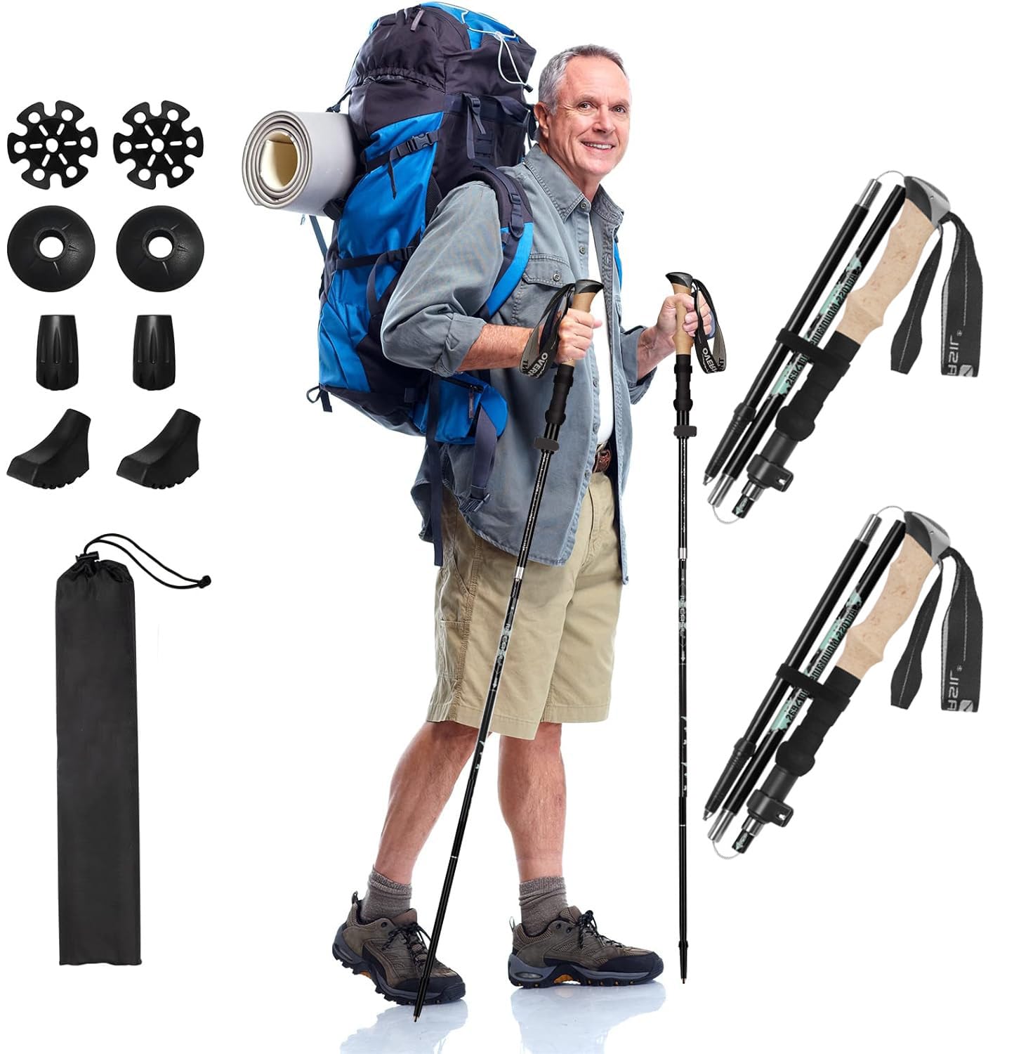 Dsocool Collapsible Trekking Poles - Lightweight Folding Hiking Poles for Women Men - Walking Sticks for Hiking - Adjustable Hiking Sticks with Quick Flip Lock & All Terrain Accessories - Set of 2