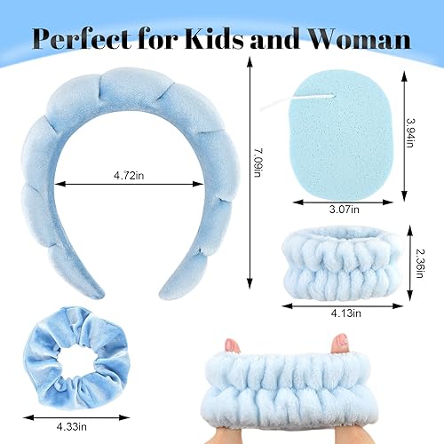 Miniatura 4 de CAVETEE Diadema de maquillaje para mujer, diadema de cuidado de la piel para lavar la cara, bonita diadema azul hinchada para spa con banda elástica