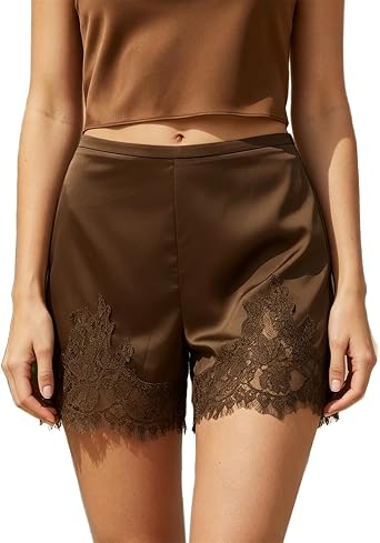 Lace Trim Satin Shorts for Womenn Y2k Silky French Knickers Coquette Boxer Shorts Half Slip Lounge Pajama Bottoms