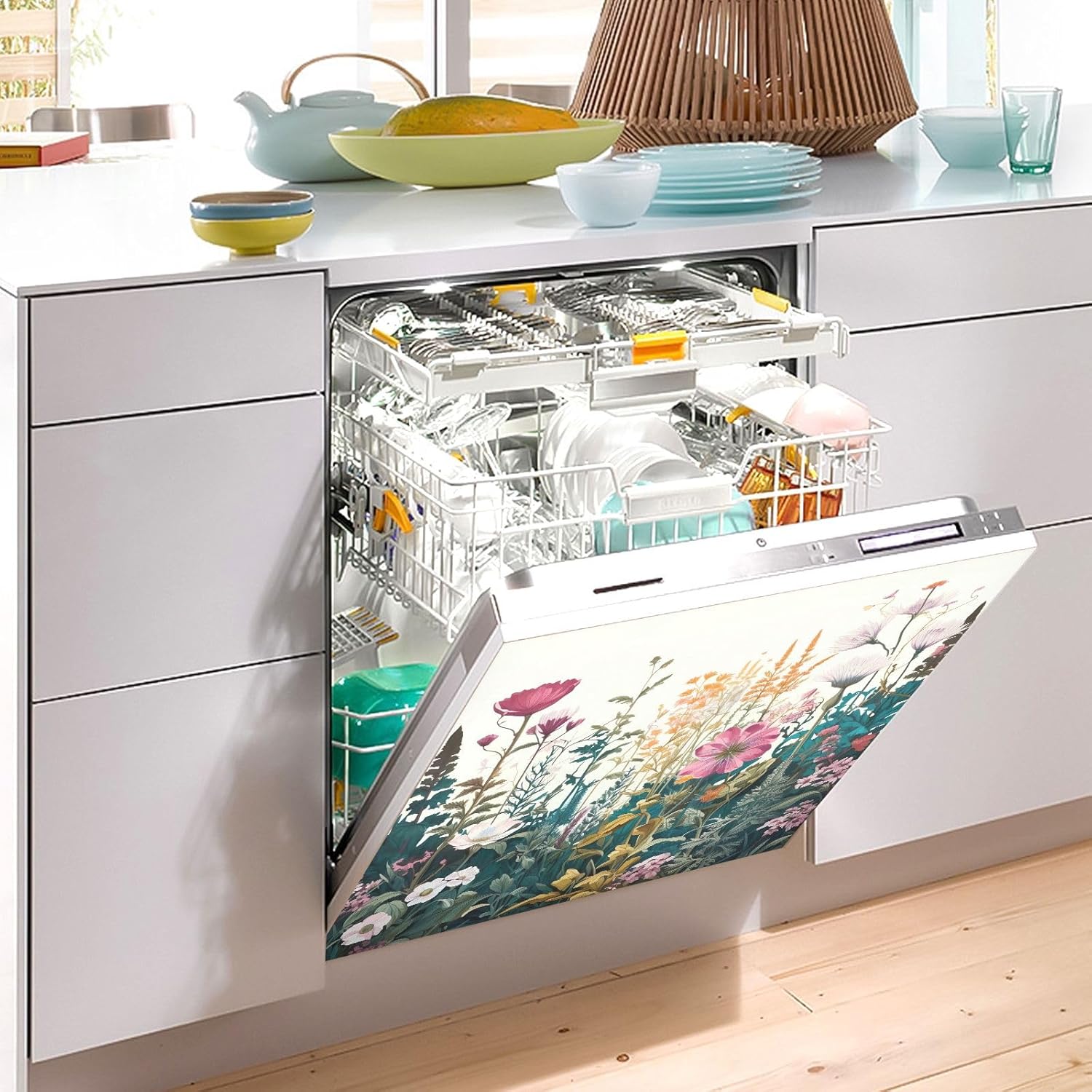 Wildflowers Botanical Dishwasher Magnet Cover Decorative, Farmhouse Magnetic Fridge Panel Decal Home Appliances Decor 23" x 26"