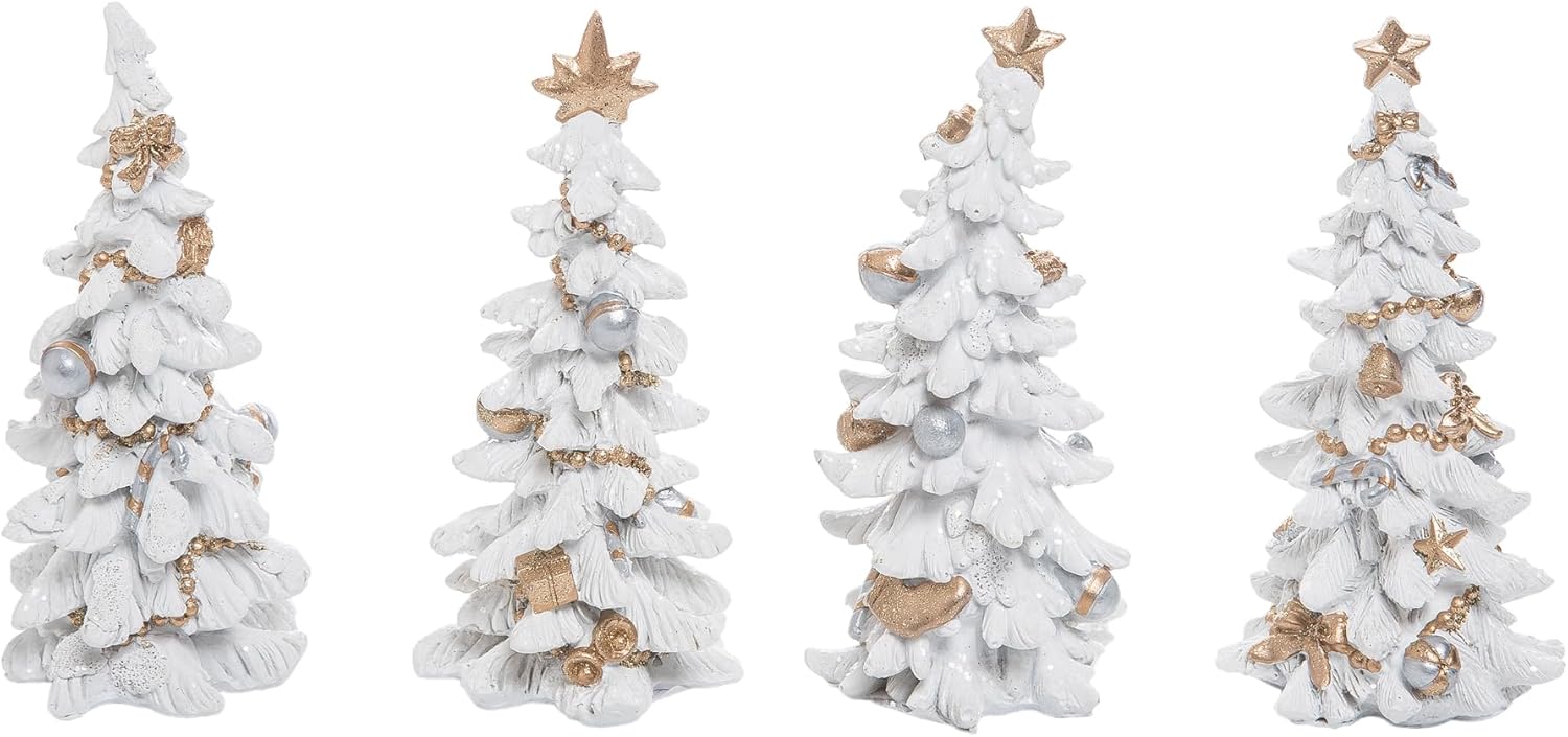 One Holiday Way 6-Inch Elegant White and Gold Christmas Tree Figurine Set of 4 Statuettes – Mini Xmas Party Tabletop Mantel Shelf Sitter Decorations – Decorative Traditional Festive Winter Home Decor
