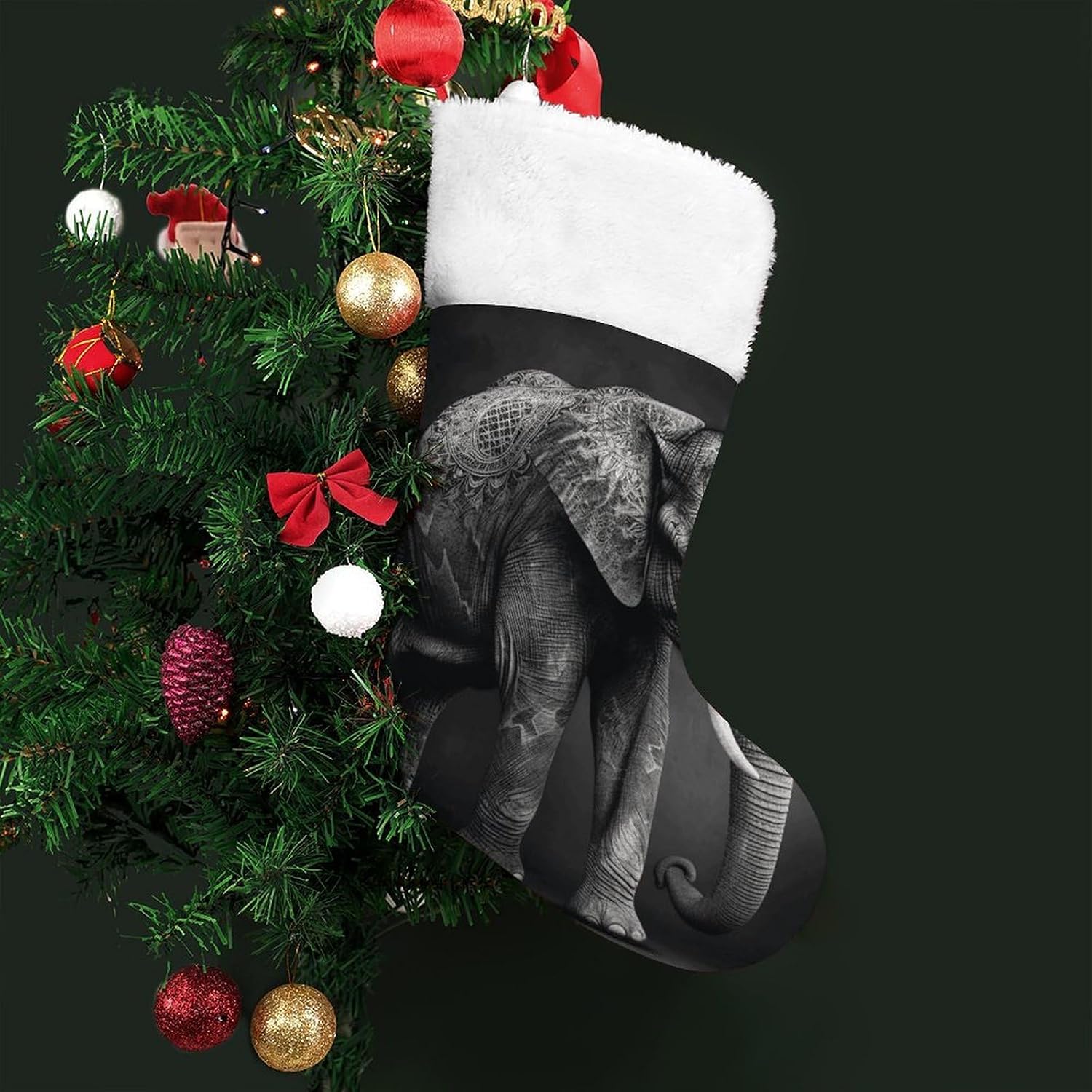 16.5 Inch Christmas Stockings with Plush Cuff - Black and White Elephant Image Large Red Xmas Stockings for Fireplace Hanging, Traditional Holiday Decor for Family Christmas Party image 5
