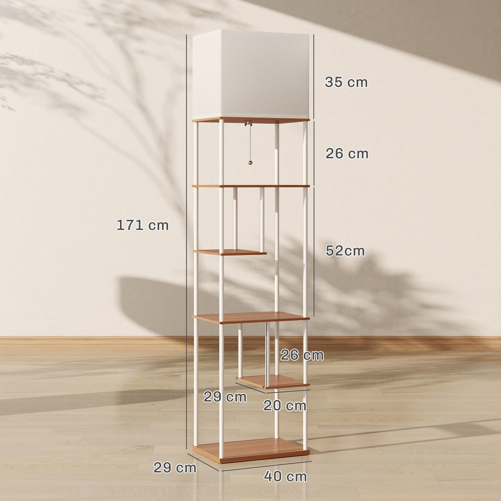 HOMCOM Lámpara de Pie con Estantes, Lámpara Salón con Brillo y Temperaturas de Color Ajustable 3000K-6500K, Control Remoto, Temporizador, 5 Modos, Bombilla 9W Incluida, Portalámparas E27, Natural