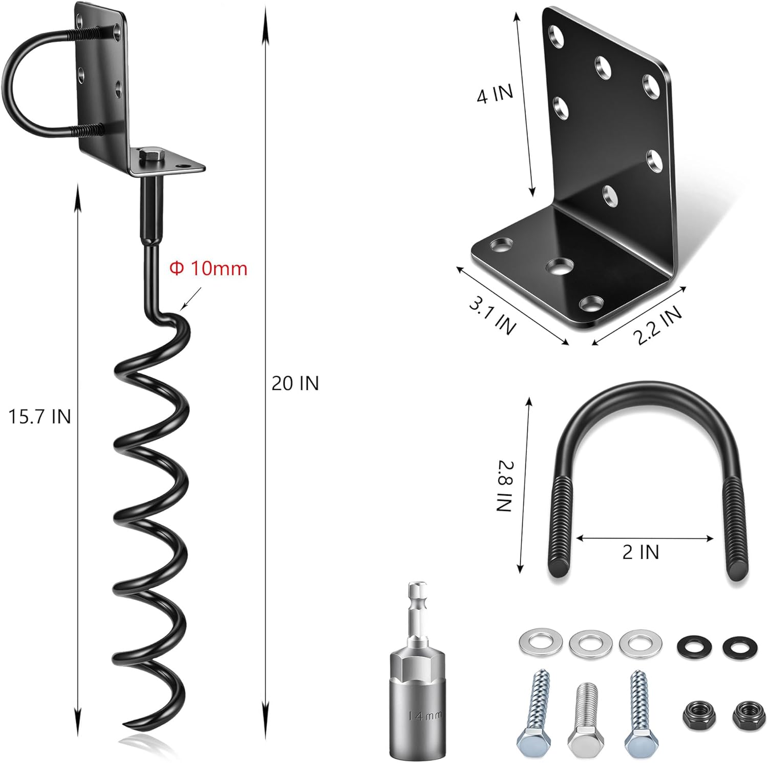 20" Heavy-Duty Trampoline Anchors (4-Pack),10mm Diameter Black Spiral Screw-In Ground Stakes, Built for High Wind Resistance(Black, 4 Pack-20'')