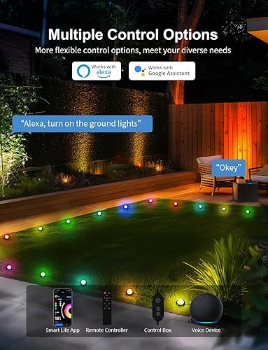 Miniatura 7 de APPECK Paquete de 15 luces inteligentes de suelo para exteriores, luces RGBW de 32 pies que cambian de color con cable, iluminación de paisaje