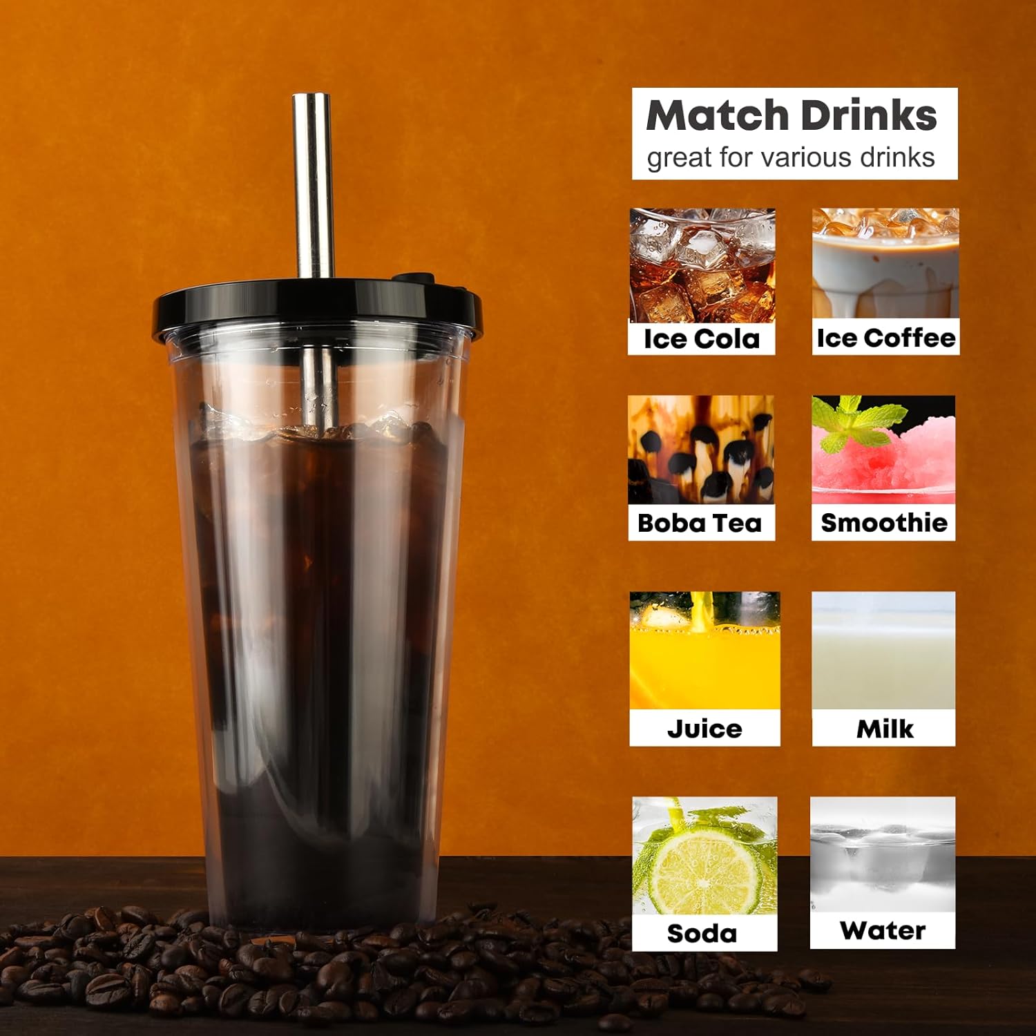 ALINK Reusable Iced Coffee Cup with Lid and Straw, 24 oz Boba Tea Smoothie Cup, Leak Proof Double Wall Insulated Iced Coffee Tumbler for Hot Cold Drinks, Bubble Tea, With 2 Boba Straws 1 Brush - Image 5