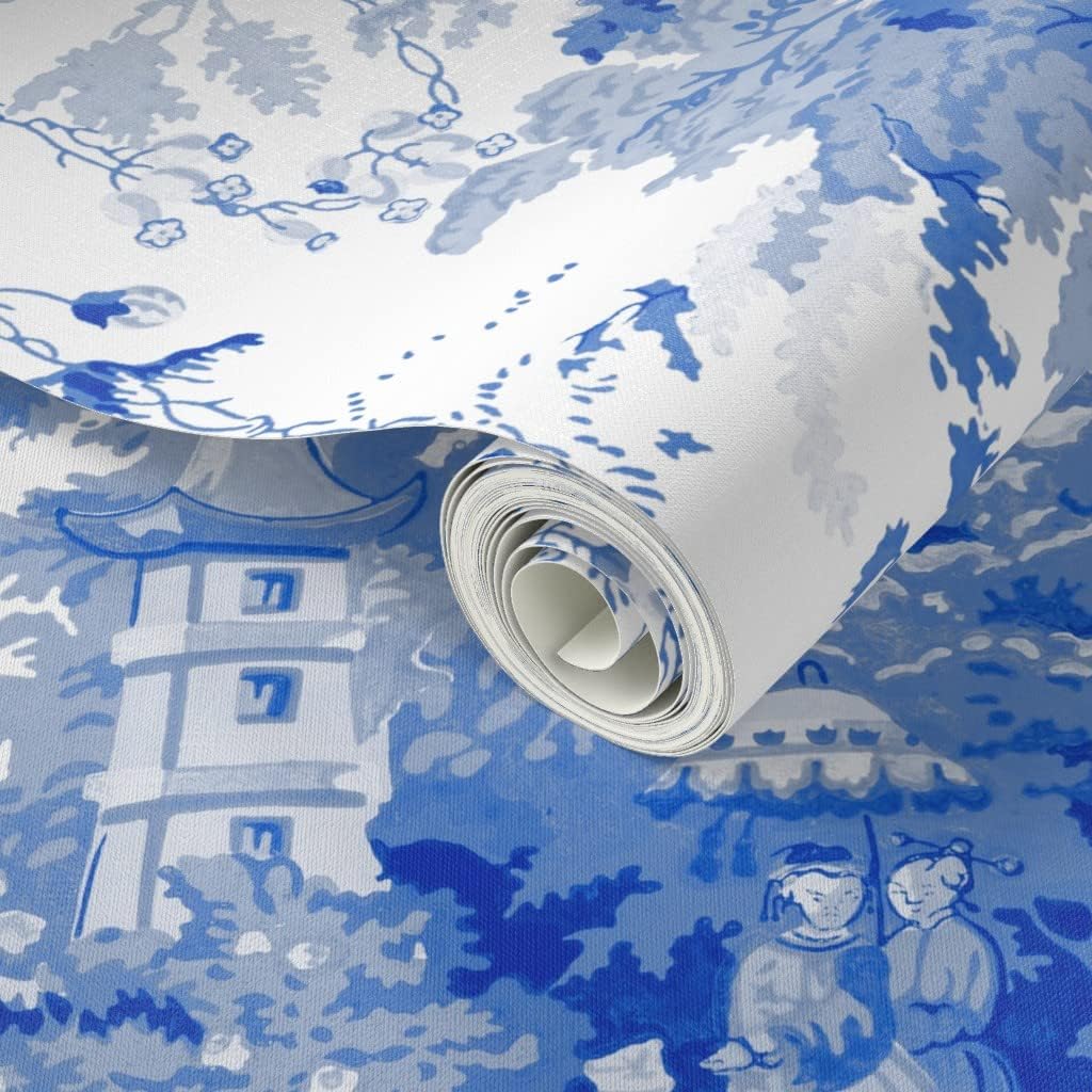 Peel & Stick Wallpaper Swatch - Chinoiserie Willow Blue White Toile Chinese Nature Garden Botanical Decor Home Kitchen Abstract Custom Removable Wallpaper by Spoonflower