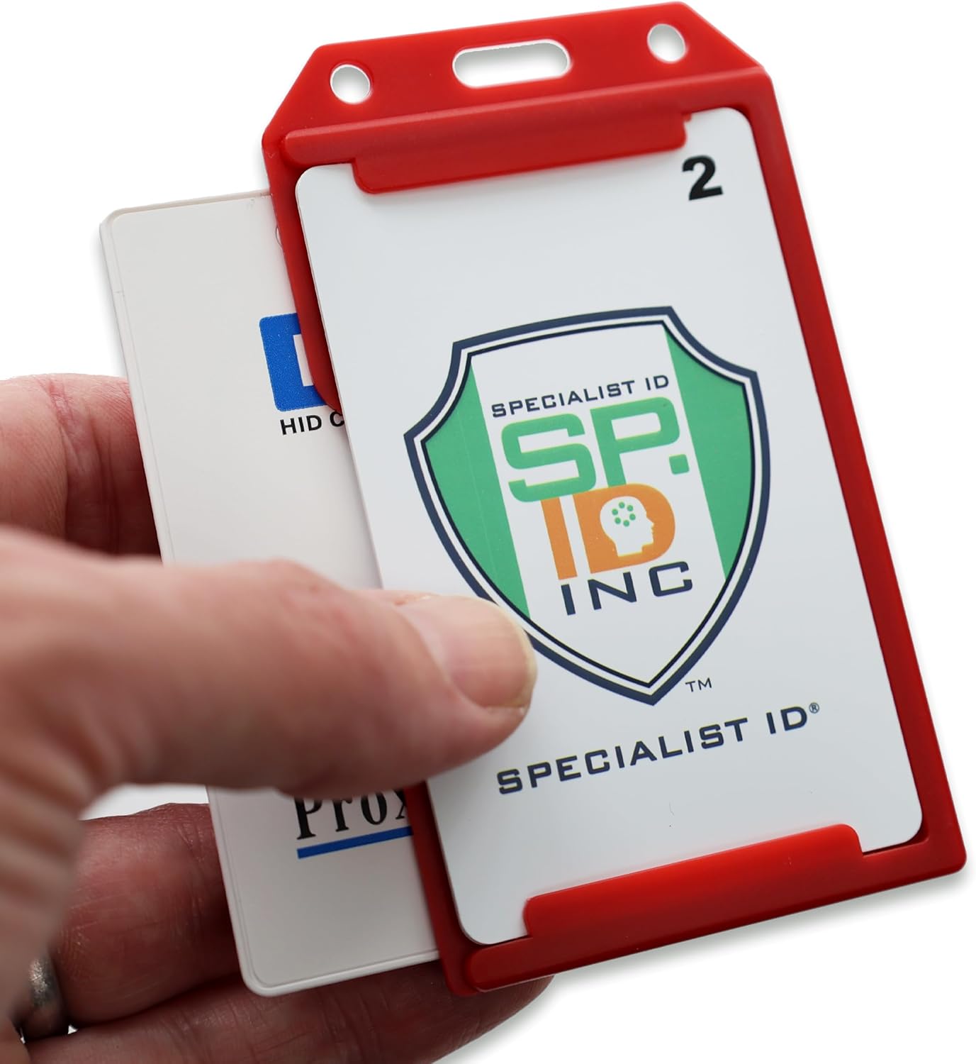 Bulk 50 Pack - Heavy Duty 2-Sided Rigid Multi Card Holder - Hard Plastic Vertical ID Badge Holders for 2 Standard or Thick Prox Cards, Fuel Card, CAC, Work Badge, Credit Cards by Specialist ID (Red)