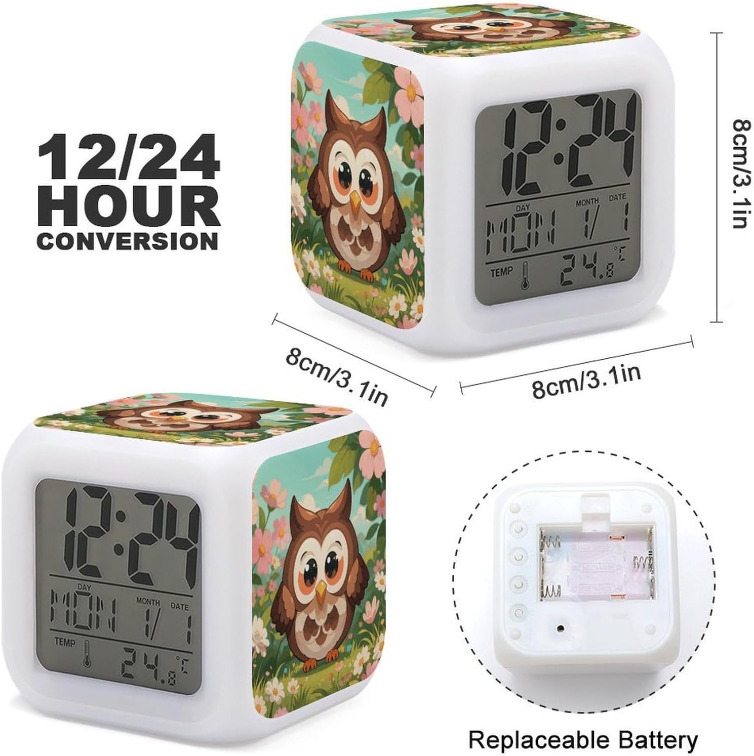 Night Light Alarm Clock, 7 Color Changing, Cute Brown Cartoon Owl image 3