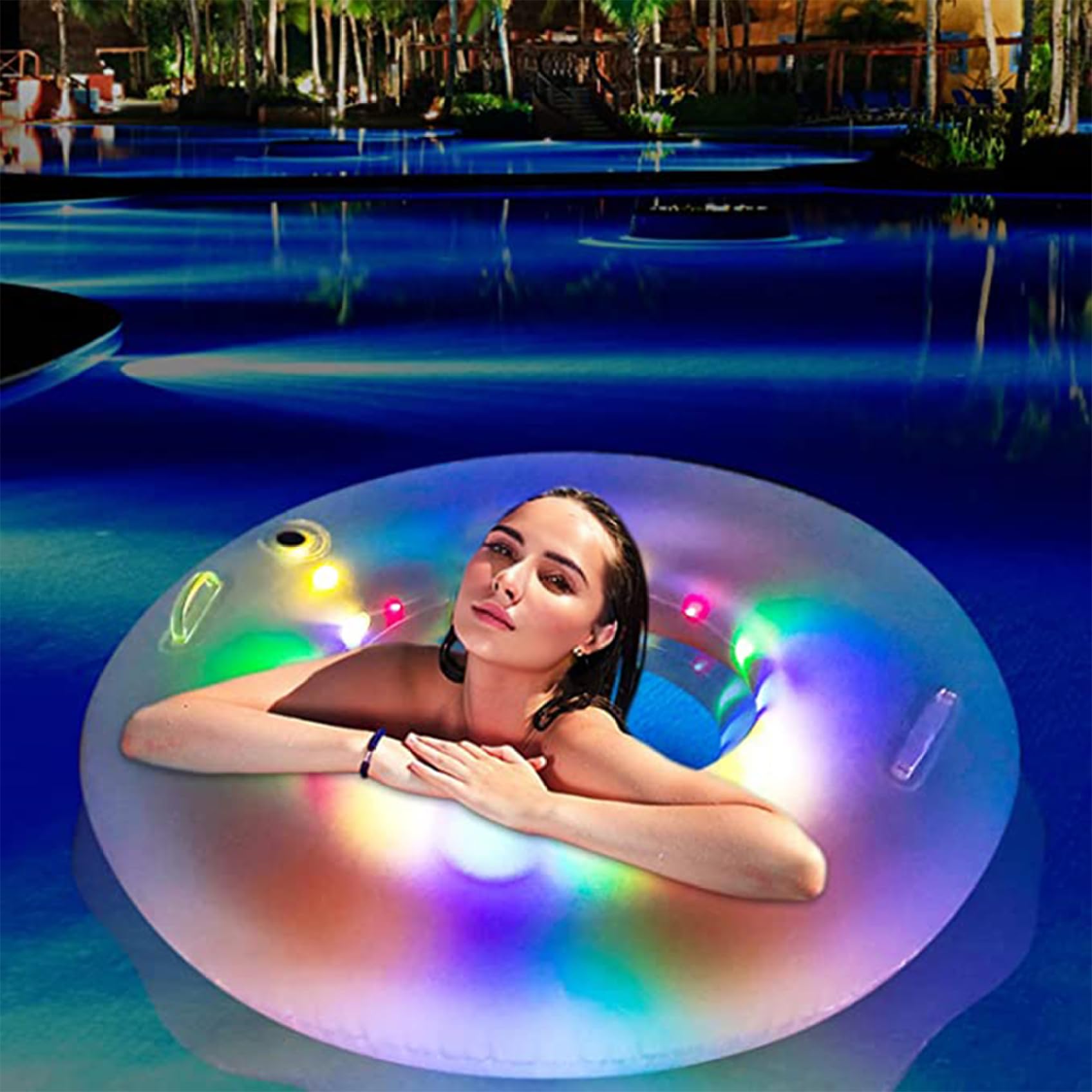Anillo de natación redondo iluminado de PVC con asa, flotadores inflables para piscina, transparentes, impermeables, flotadores de piscina de verano para fiesta de entrenamiento de natación