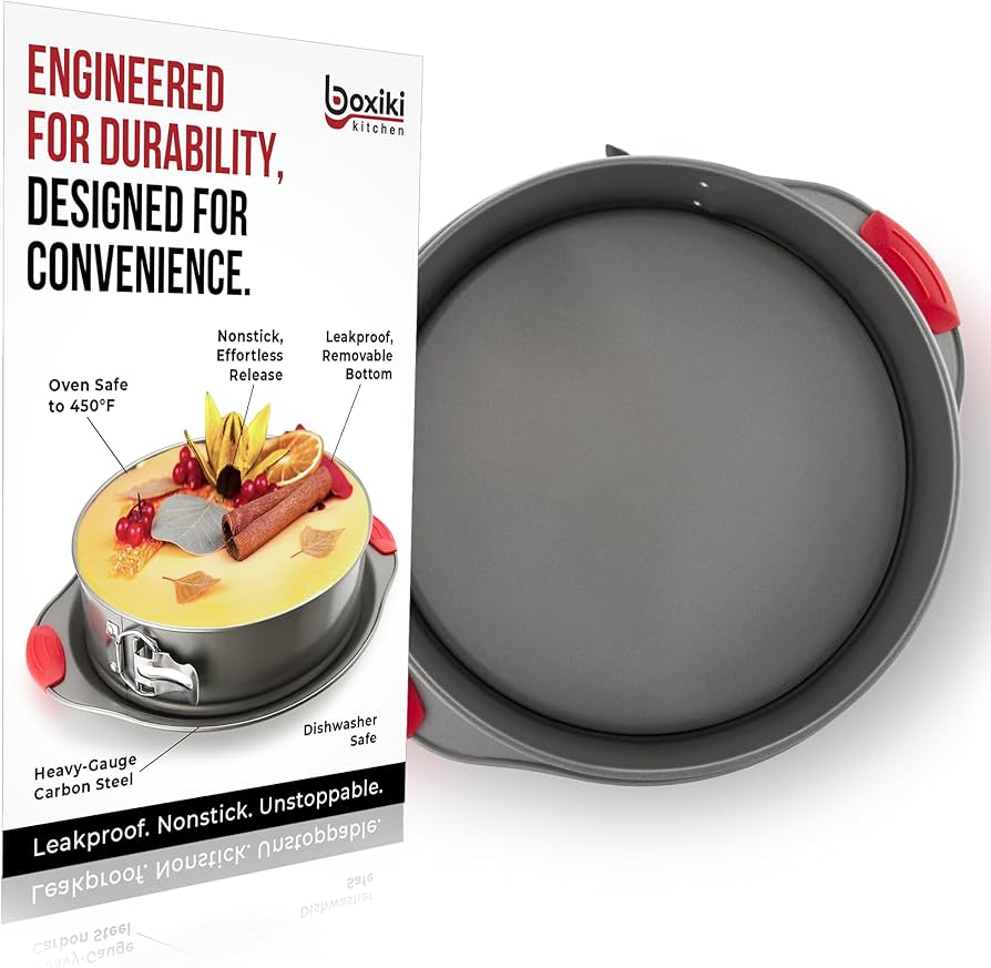 Boxiki Kitchen 10 Inch Nonstick Springform Pan, Professional Spring Form and Cheesecake Baking Mold, Leakproof Cake Pan with Silicone Handles