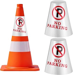 “No Parking” Message Collars Cone Sleeve, 3 Pcs Bright Reflective 360° High Visible Cone Topper Safety Parking Signs for Outdoor Road Commercial Residential Area Driveway