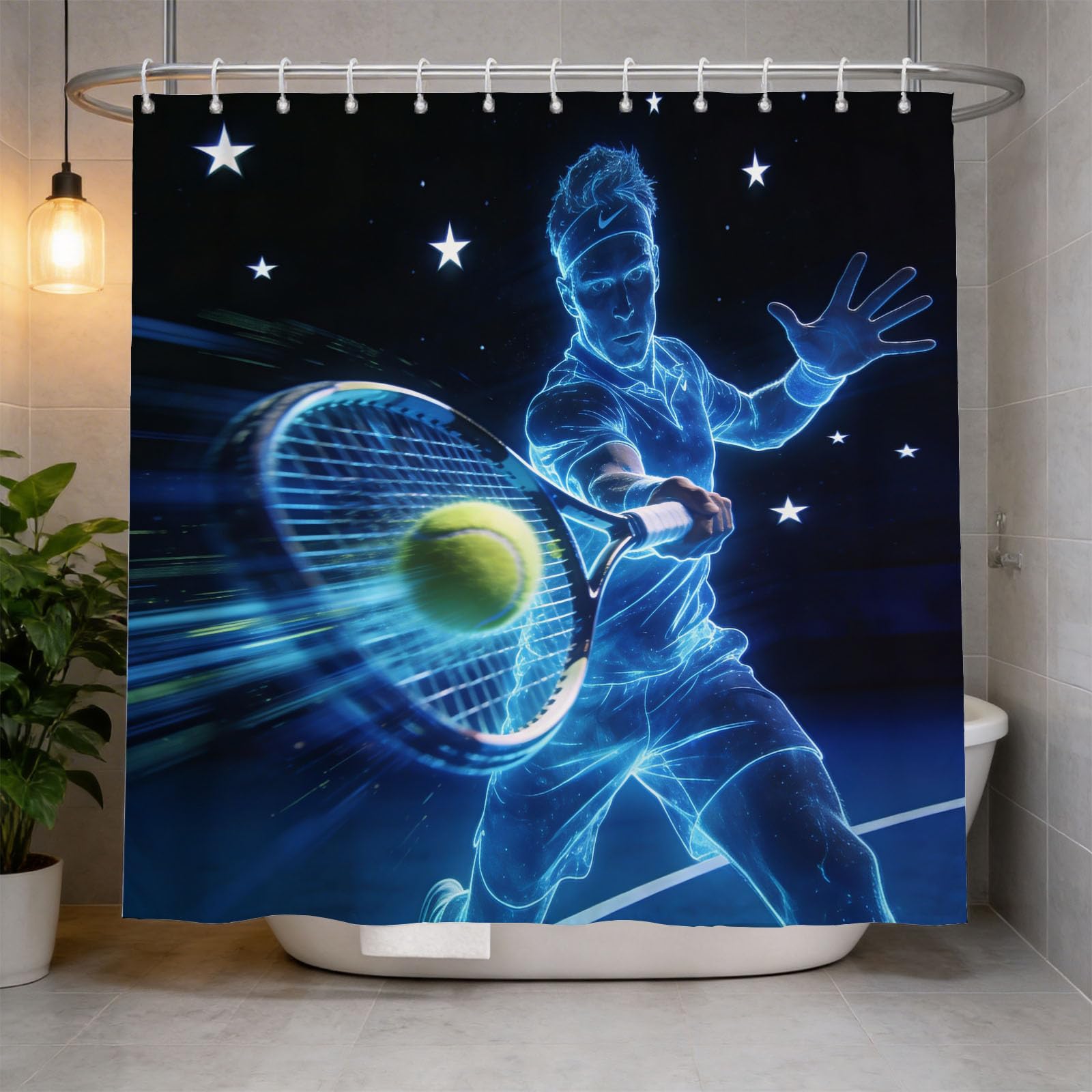 Hongduo 3D Tennis Shower Curtain for Stalls Bathtubs Cartoon Bathroom Decor Shower Curtain Set Polyester Fabric Waterproof 120x180cm/48X71 Inch with Hooks
