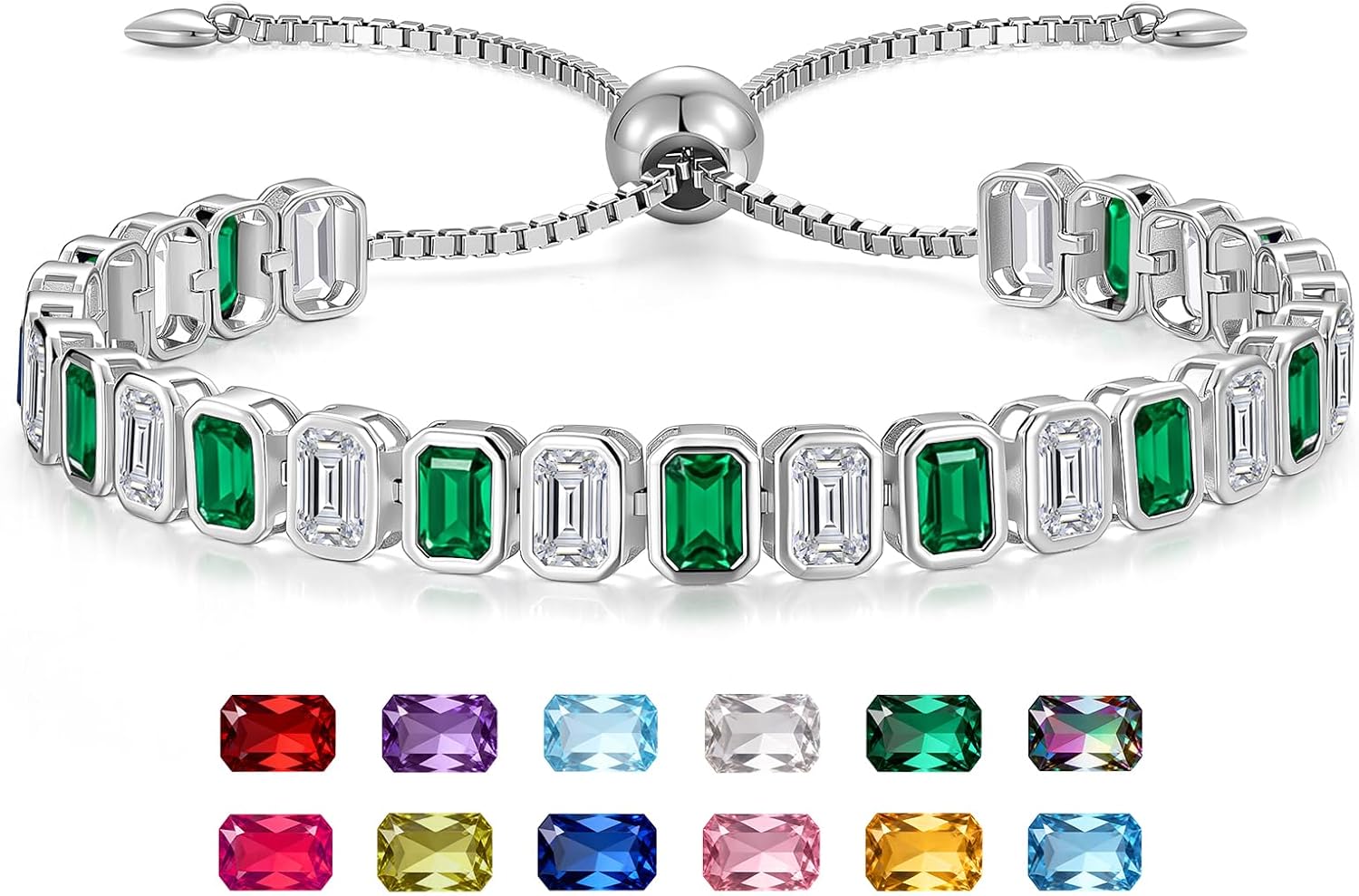 Birthstone Bracelets for Women, Sterling Silver Tennis Bracelets Emerald Cut Bezel Set with Adjustable Chain, Elegant Anniversary, Birthday or Valentine's Day Gift