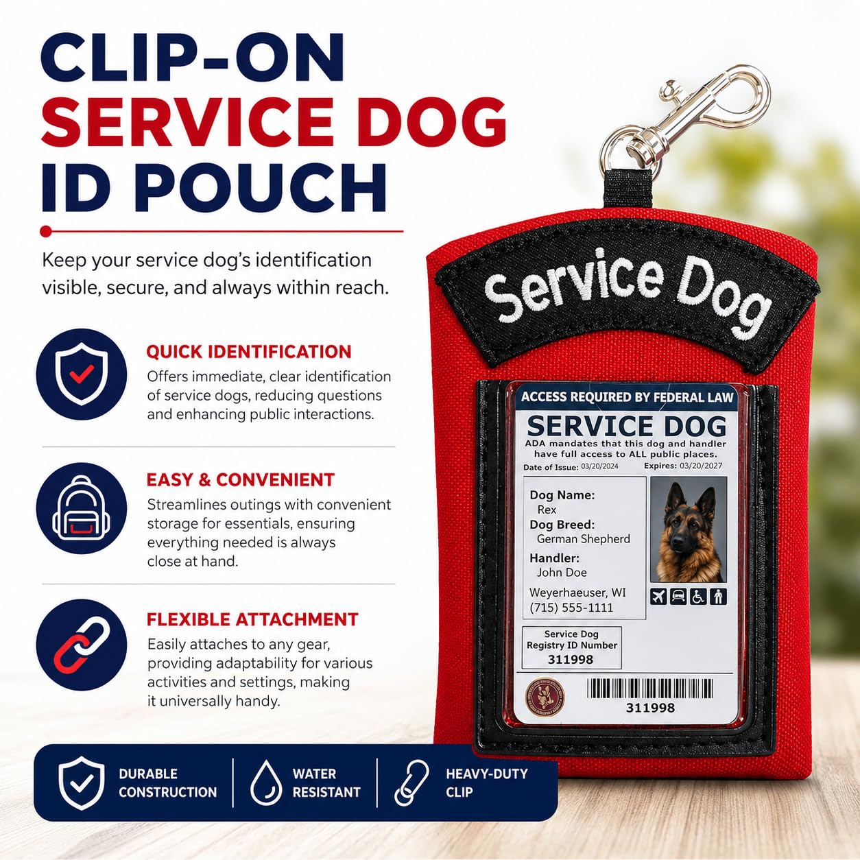Activedogs Porte-Carte d'identité pour Chien avec Pochette zippée pour Transporter de Nombreux Petits Objets et Afficher Facilement l'identité de Votre Chien, Rouge