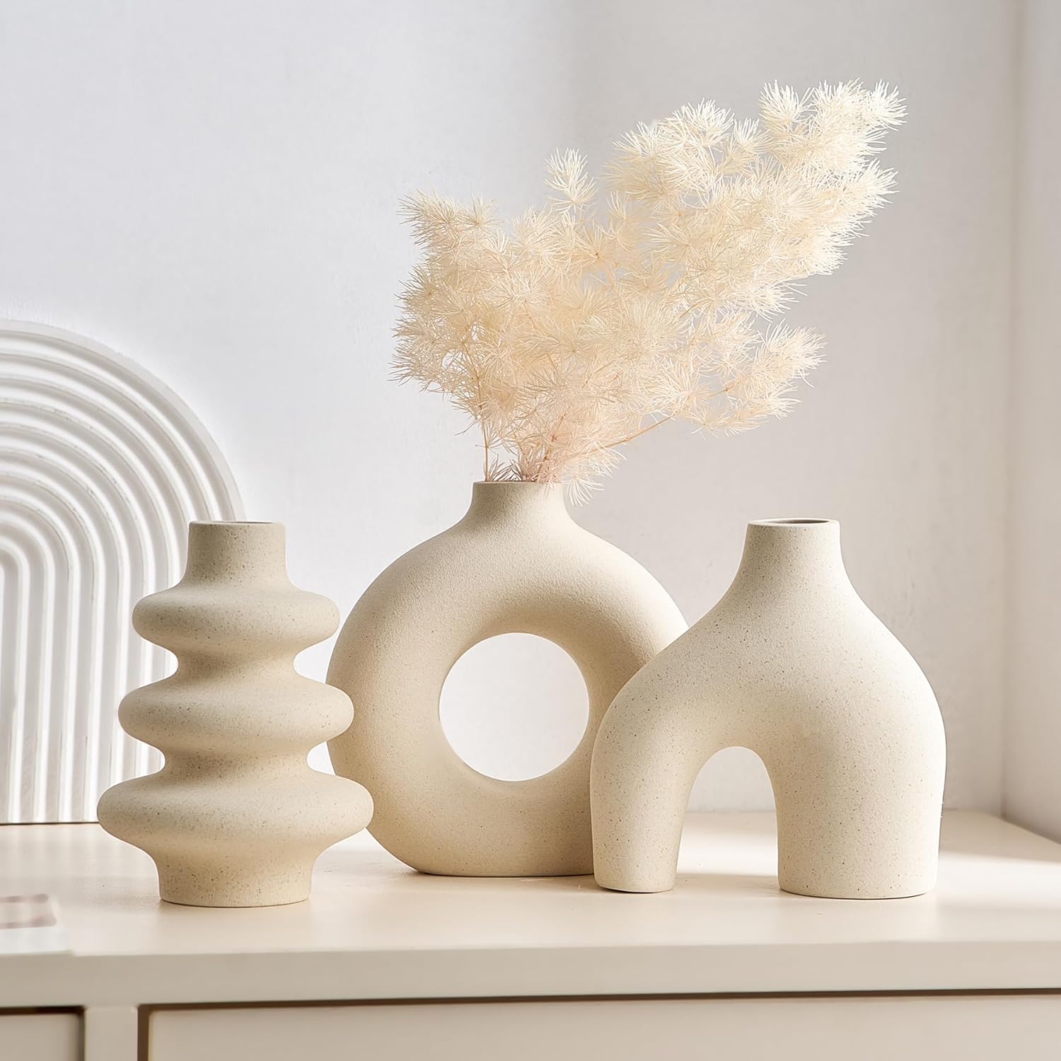 Ceramic Farmhouse Vase Set of 3, Rustic Centerpiece Vases for Fresh Dried Flowers Pampas Grass Bouquets, Boho Home Decor for Living Room Kitchen Entryway Table Mantel, Wedding Decor