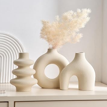 FJ White Ceramic Vase Set of 3, Small Flower Vases for Pampas Grass