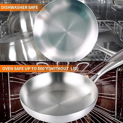 Miniatura 6 de DELARLO Sartén de acero inoxidable de tres capas de cuerpo entero de 8 pulgadas sartén de inducción apta para horno juego de ollas y sartenes