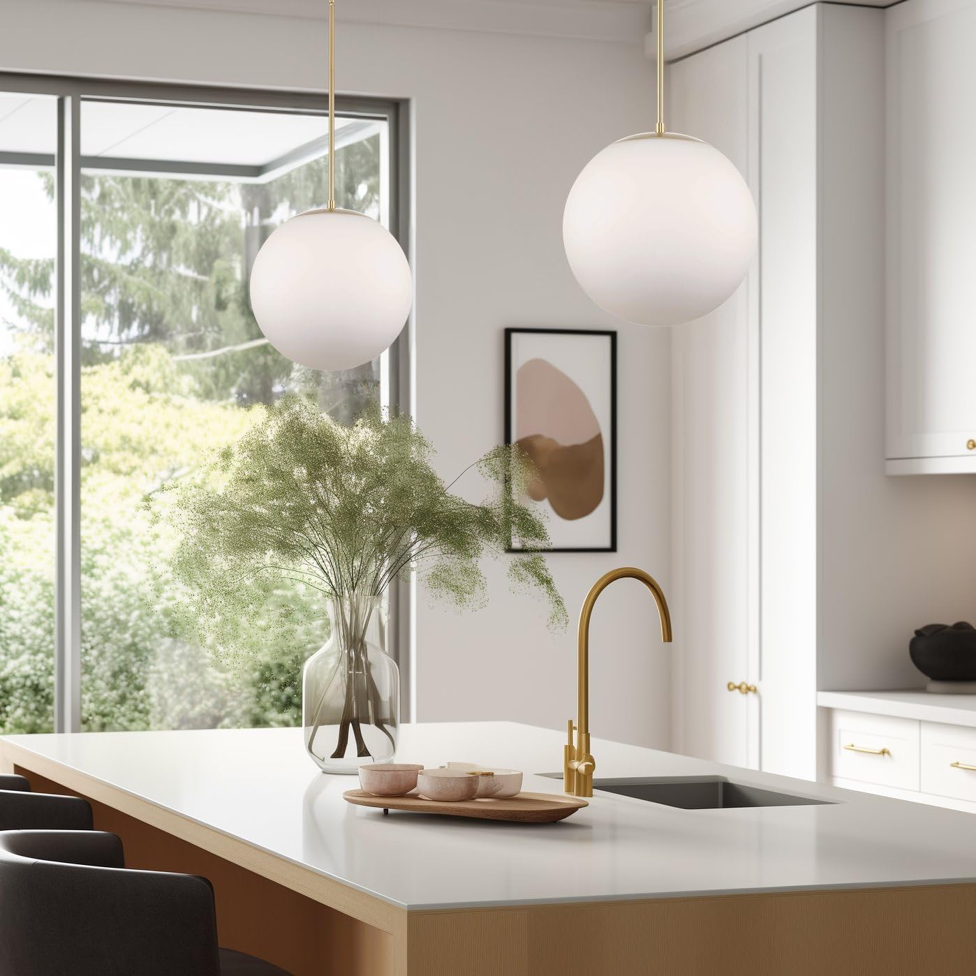 Kira Home Ceres 14" Mid Century Modern Globe Pendant Light, Minimalist White Frosted Glass Orb Hanging Lamp, Cool Brass Finish