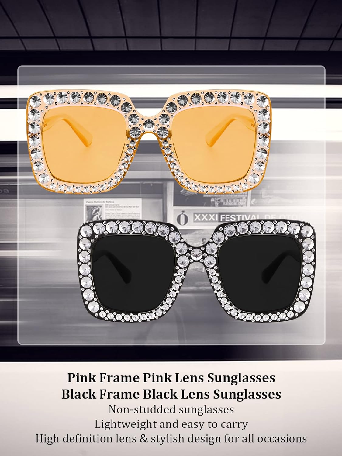 Frienda 2 Pieces Oversize Square Sparkling Sunglasses Retro Thick Frame Sunglasses for Women - Image 4