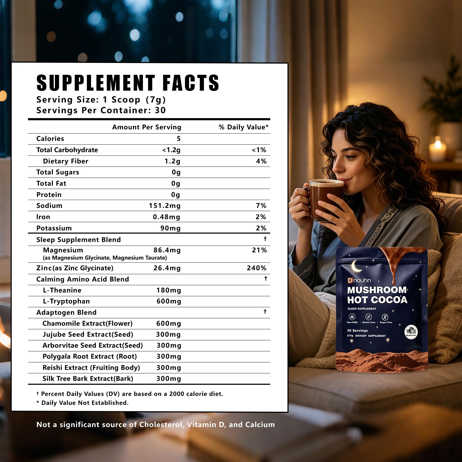 Magnesium Hot Cocoa –Natural Sleep Aid Hot Chocolate for Adults with Reishi Mushroom, L-Theanine & Zinc Glycinate – Relaxation & Restful Sleep Support Mushroom Coffee, 30 Servings — Amazon image 2